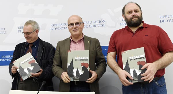 O vicepresidente da Fundación Vicente Risco, o presidente da Deputación e o ilustrador Fernando Iglesias na presentación do libro en Ourense./ Foto: Carlos G. Hervella.