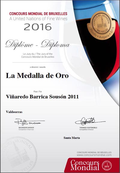 Distinción recibida polo Viñaredo Sousón na última edición do Concurso Mundial de Bruxelas.